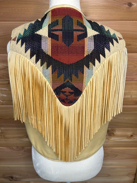 Vintage Branded Santa Fe Beaded Leather Fringe Vest – Western Boho Statement Piece