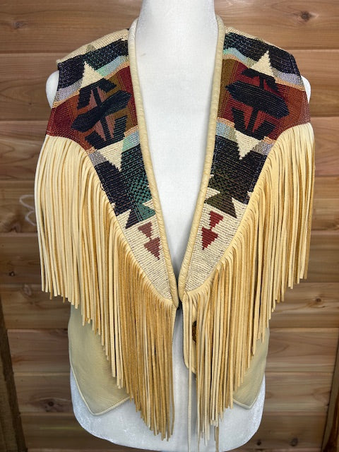 Vintage Branded Santa Fe Beaded Leather Fringe Vest – Western Boho Statement Piece