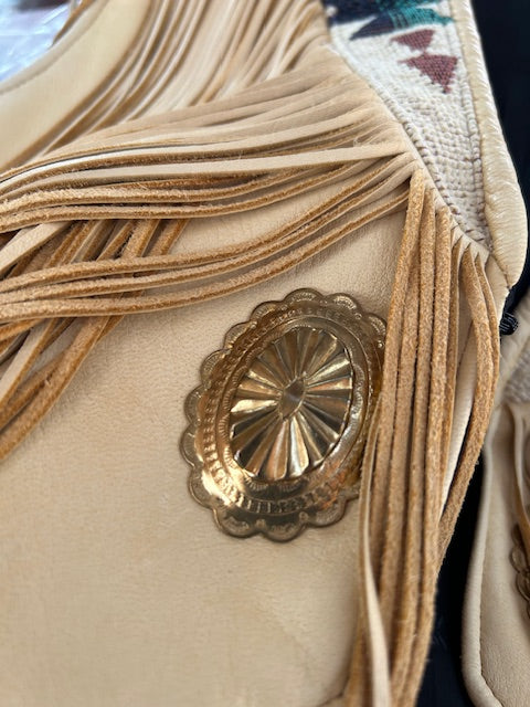 Vintage Branded Santa Fe Beaded Leather Fringe Vest – Western Boho Statement Piece