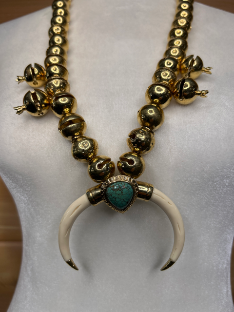Heavy Gold Squash Blossom Necklace with Genuine Bone &amp; Turquoise – Statement Western Jewelry